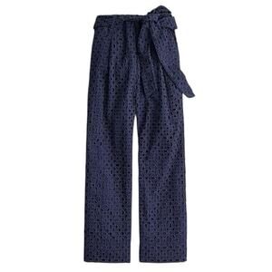 J. Crew Tie Waist Cropped Eyelet Pants in Navy Blue Size 2